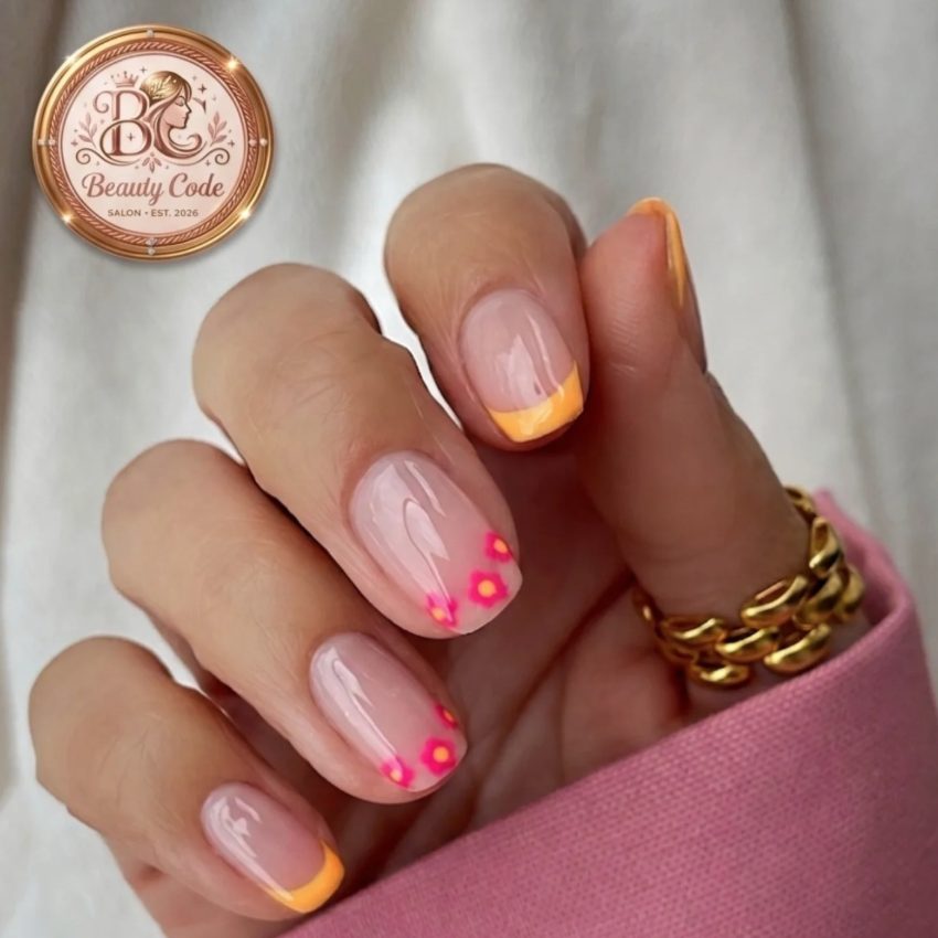 French pêche avec nail art fleurs roses — Beauty Code